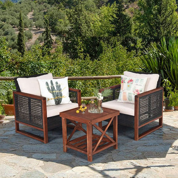 3 Piece Outdoor Patio Furniture Set With Wicker Chairs And Coffee Table Washable Cushions Acacia Wood Frame-1