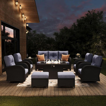 10-Piece Wicker Patio Set with Fire Pit Table and Swivel Rockers
