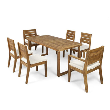 Acacia Wood 7-Piece Dining Set with Cushions, Teak Finish