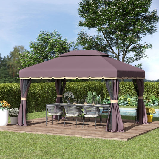 10 x 13 ft Two-Tier Patio Gazebo with Side Curtains — Coffee