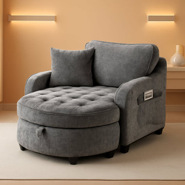 Oversized Chaise Lounge Chair, Gray Chenille Tufted