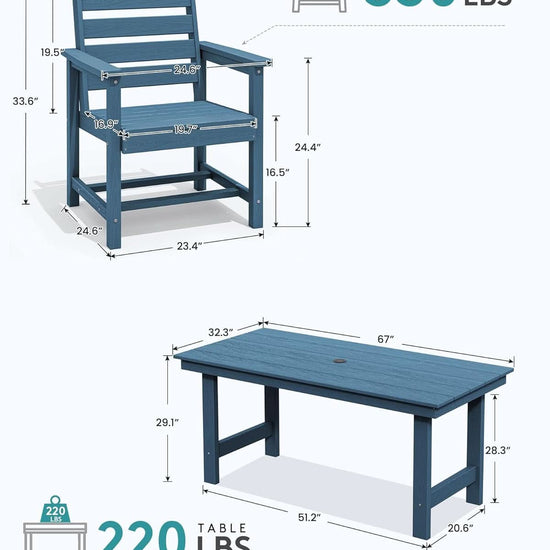 7 Piece Patio Dining Set Outdoor HDPE Table Blue Chairs-1