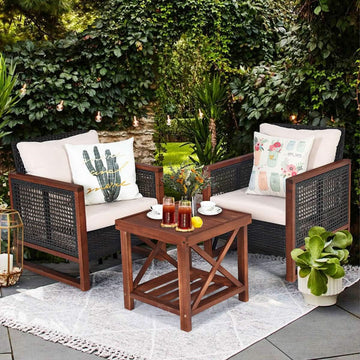3-Piece Wicker Patio Set with Beige Cushions & Acacia Coffee Table