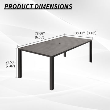 Square Slatted Metal Outdoor Dining Table — Seats 8, Umbrella Hole, Brown