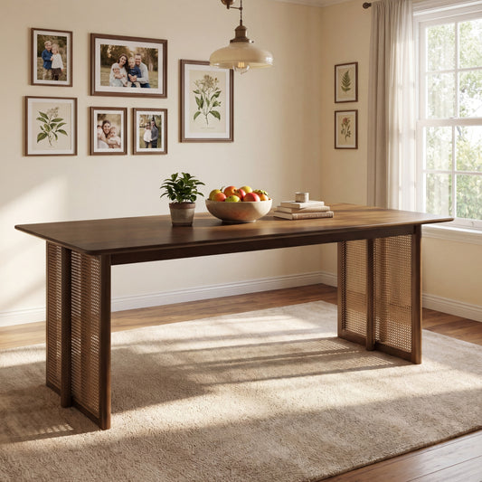 Walnut Rubberwood Dining Table with Rattan Accents, Seats 6