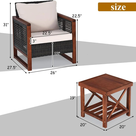 3 Piece Patio Wicker Furniture Set With Beige Washable Cushions And Acacia Wood Coffee Table-4