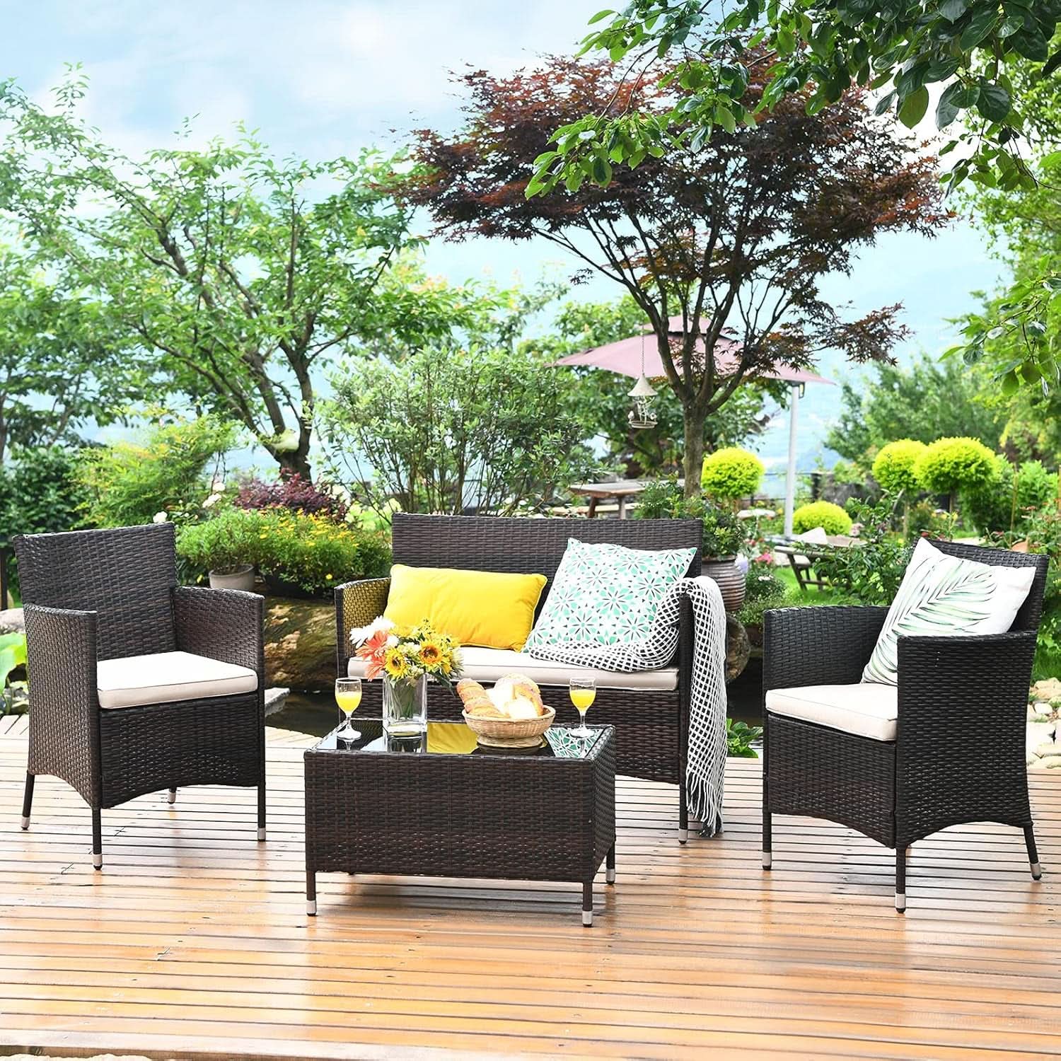 4-Piece Outdoor Rattan Conversation Set with Cushions-1