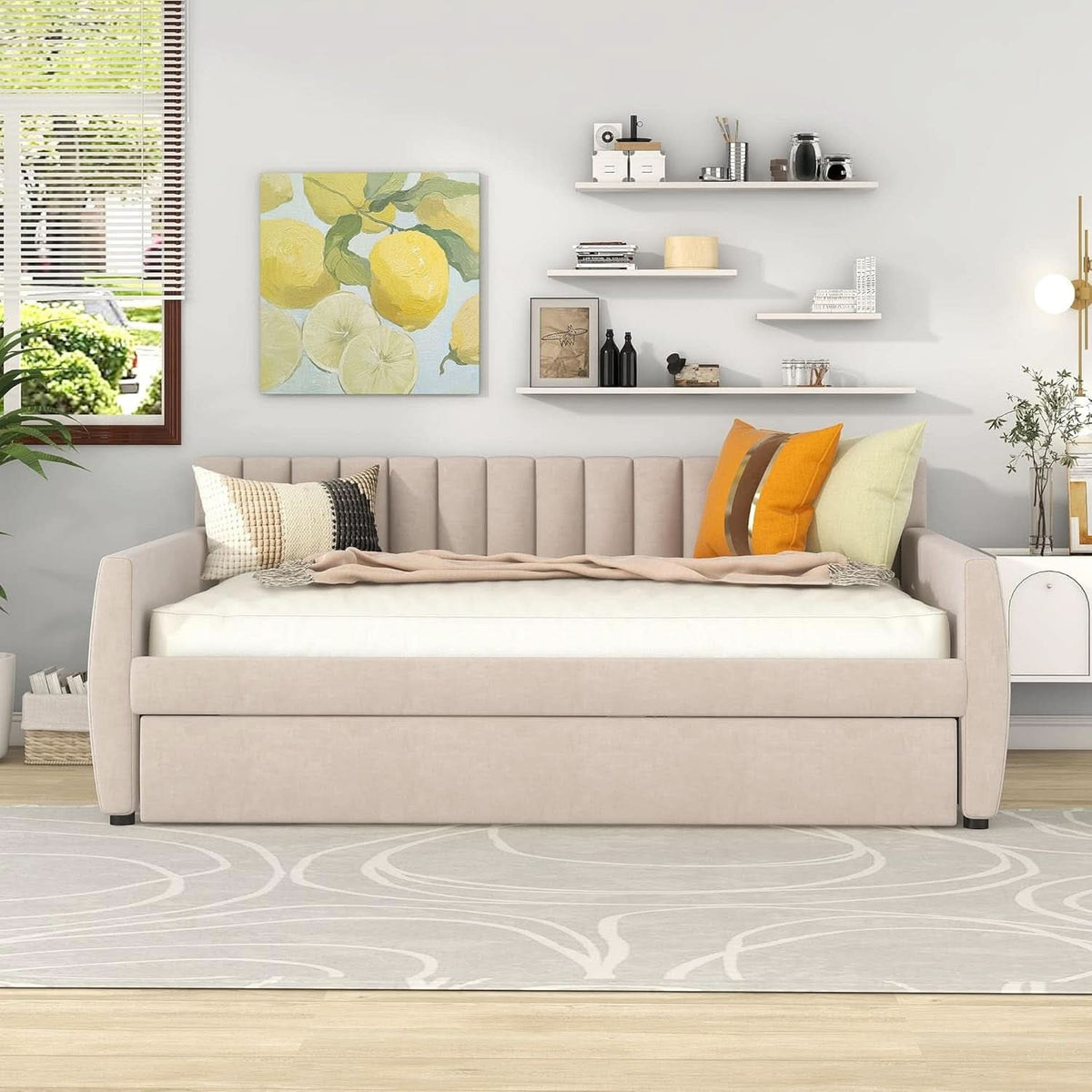 Full Sized Velvet Beige Upholstered Daybed Trundle-2