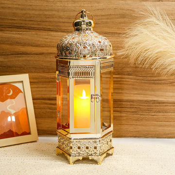 Moroccan Candle Lantern, 16" Gold Hexagonal Candle Holder