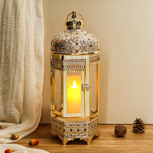 Moroccan Candle Lantern, 16" Gold Hexagonal Candle Holder