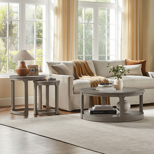 Curved Round Wooden Nesting Side Table Set, Light Brown