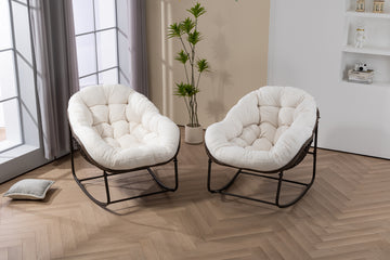 Hand-Woven Rattan Outdoor Rocking Chair with Cushion, White
