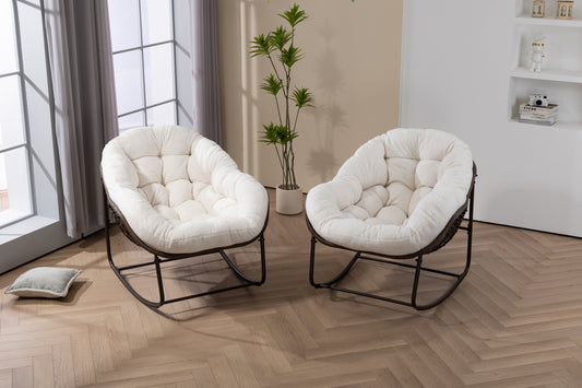Hand-Woven Rattan Outdoor Rocking Chair with Cushion, White