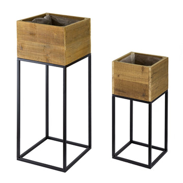 Set of 2 Reclaimed Wood Planters with Iron Stands
