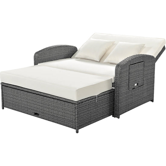 Wicker Double Chaise Lounge — two-person reclining wicker loungers with cushions and middle table