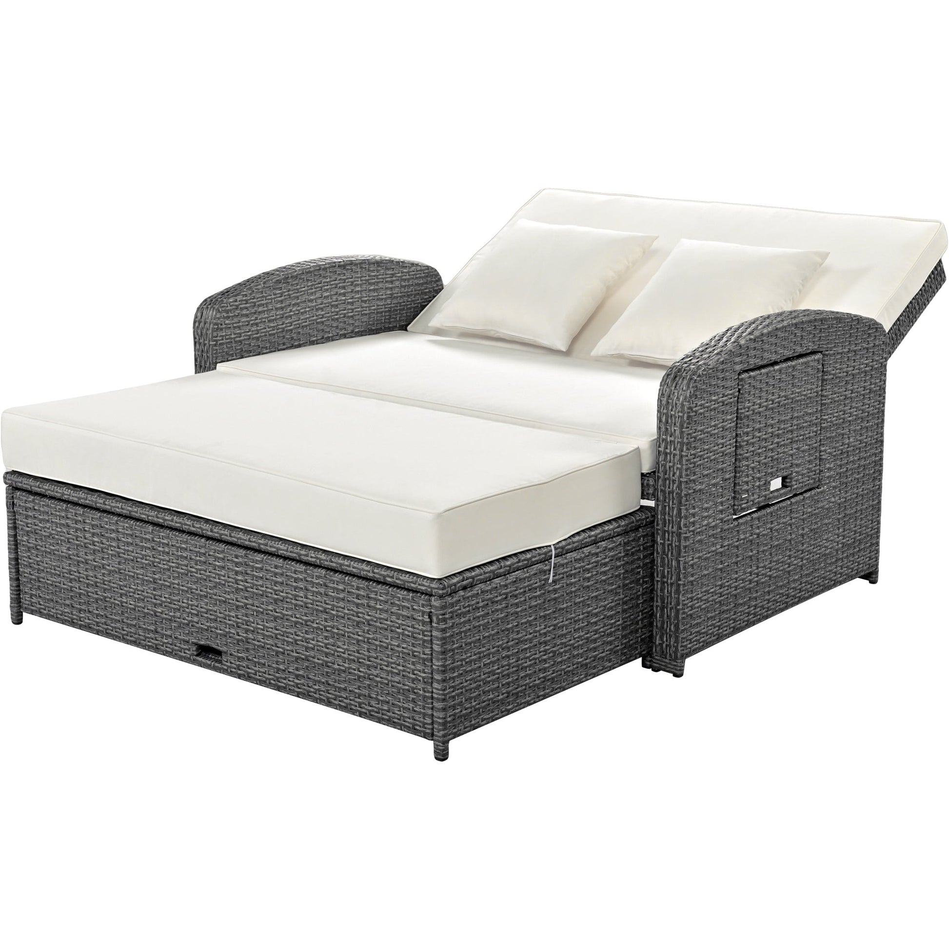 Wicker Double Chaise Lounge — two-person reclining wicker loungers with cushions and middle table