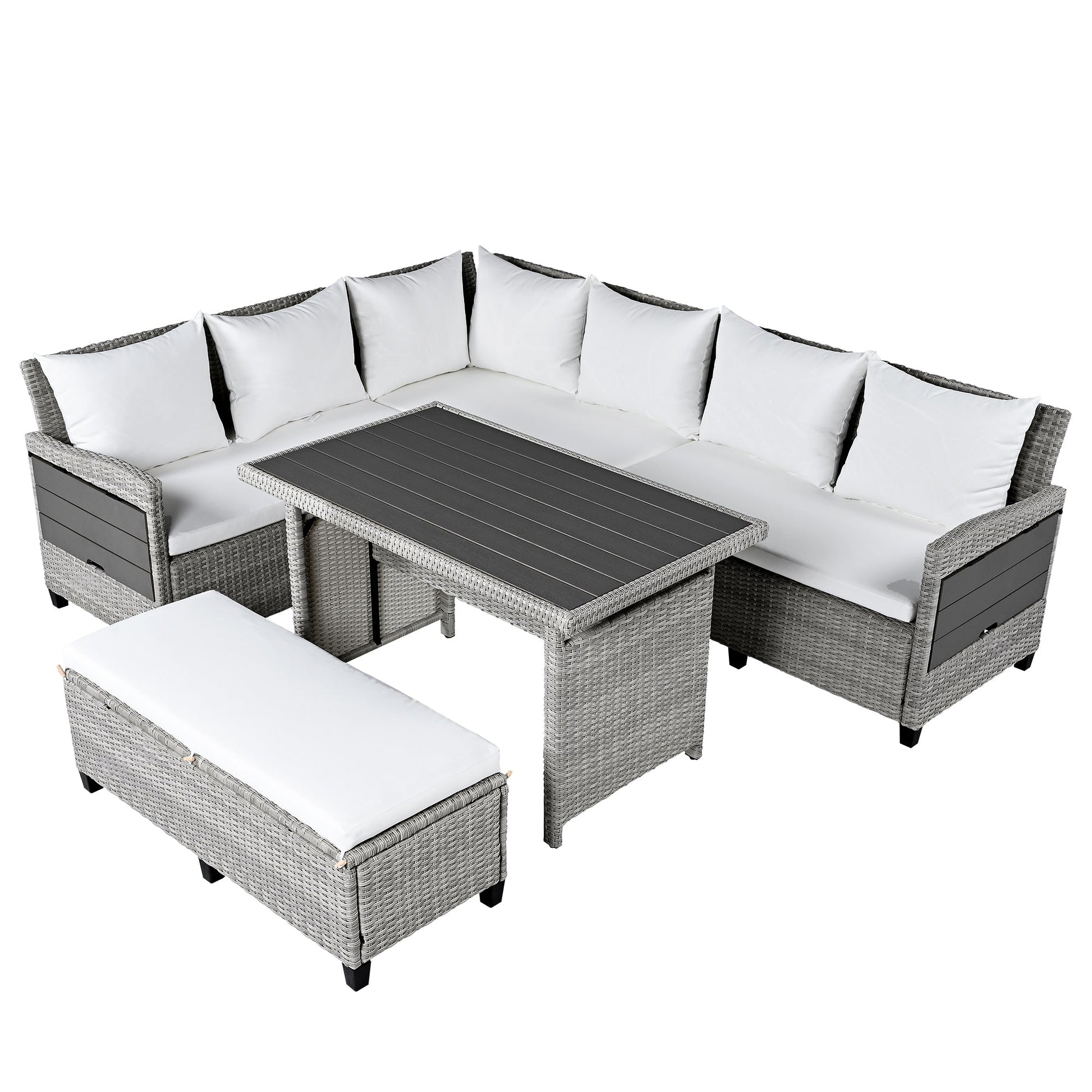 Rattan L-Shaped Patio Sectional — 5-piece outdoor wicker sectional sofa set with cushions