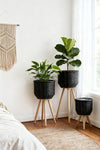 Set of 3 Black Woven Rattan Basket Planters on Wood Legs