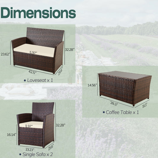 Rattan 4-Piece Conversation Set with Glass Coffee Table