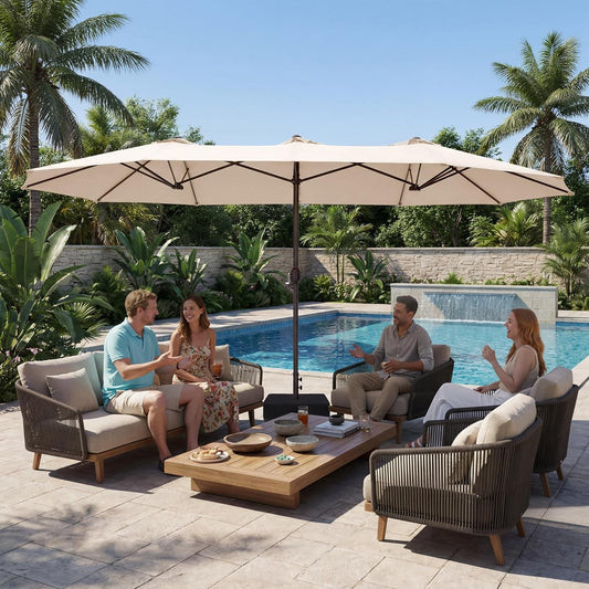 15 ft Beige Patio Umbrella with Weather-Resistant Base Stand