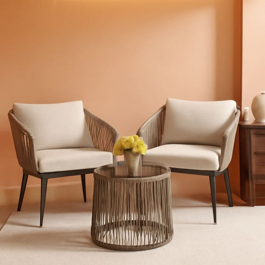 Beige 3-Piece Rattan Bistro Set with Chairs and Glass Side Table