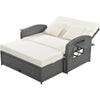 Wicker Double Chaise Lounge — two-person reclining wicker loungers with cushions and middle table