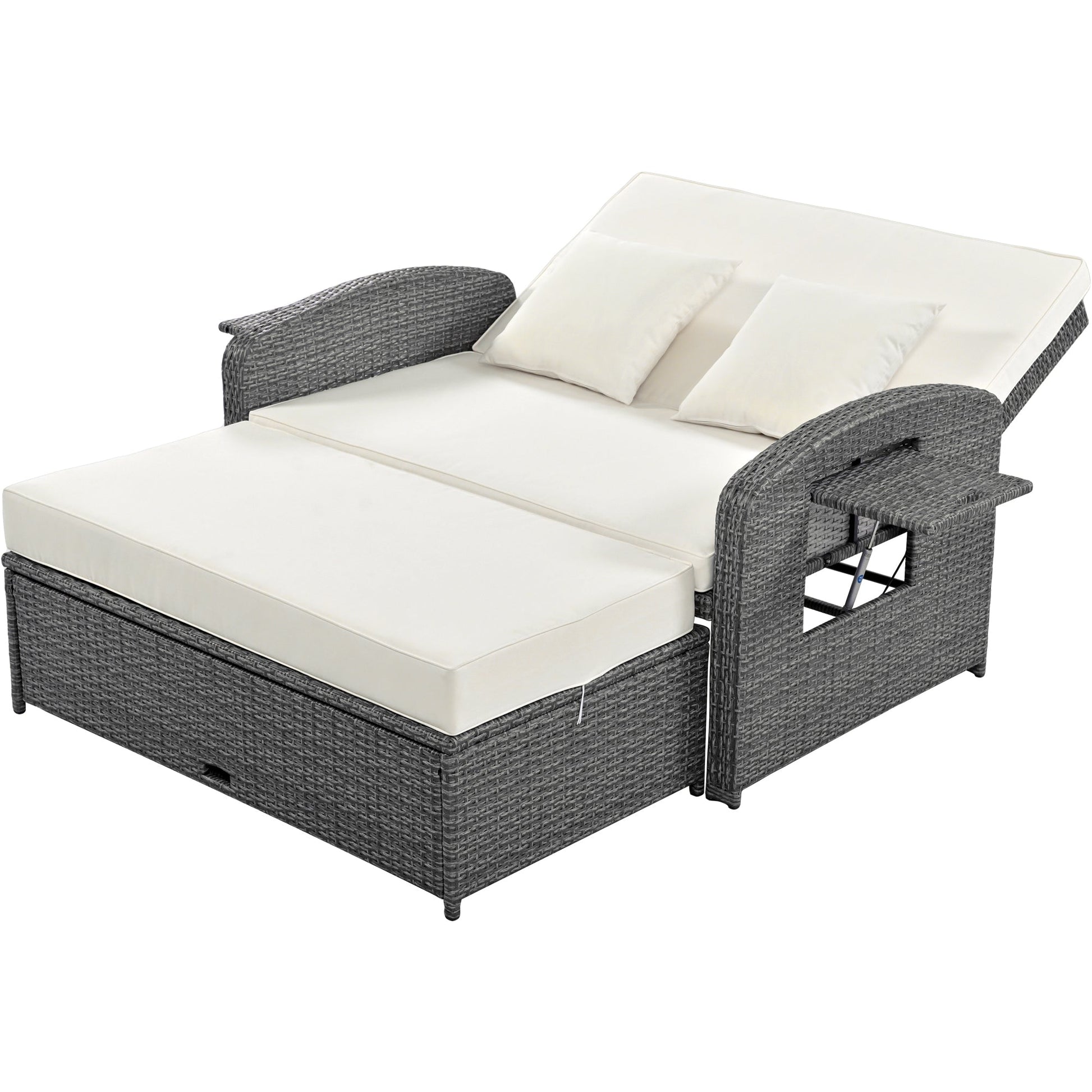 Wicker Double Chaise Lounge — two-person reclining wicker loungers with cushions and middle table