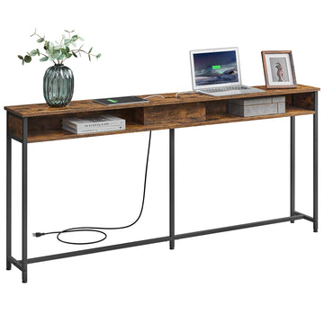 70-Inch Rustic Console Table with Built-In Outlet and Shelves