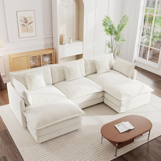 Beige chenille 111.5-inch cloud modular sofa in a warm living room