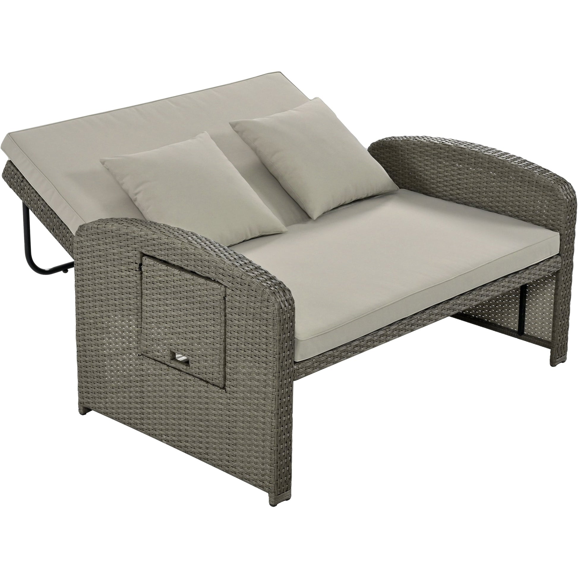 Wicker Double Chaise Lounge — two-person reclining wicker loungers with cushions and middle table
