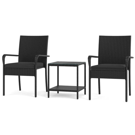 3-Piece PE Wicker Bistro Set with 2-Tier Glass Side Table, Black