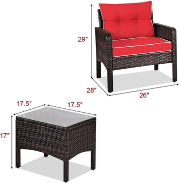 Red 3-Piece Patio Set with Wicker Chairs and Glass Coffee Table