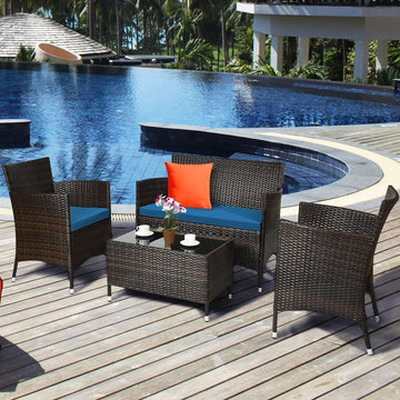 Peacock Blue 4-Piece Rattan Patio Set with Sectional Sofa
