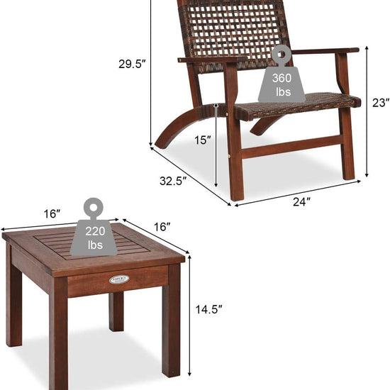 3 Piece Patio Conversation Set With Solid Eucalyptus Wood Frame And Brown Rattan Wicker-4
