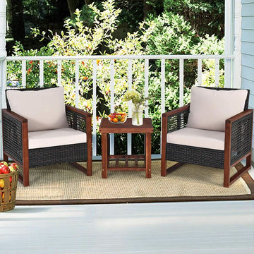 3-Piece Wicker Patio Set with Acacia Wood Coffee Table