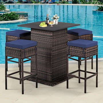 5-Piece Outdoor Bar Set with Storage, Navy Blue Bar-Height Table