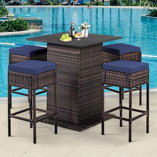 5-Piece Outdoor Bar Set with Storage, Navy Blue Bar-Height Table