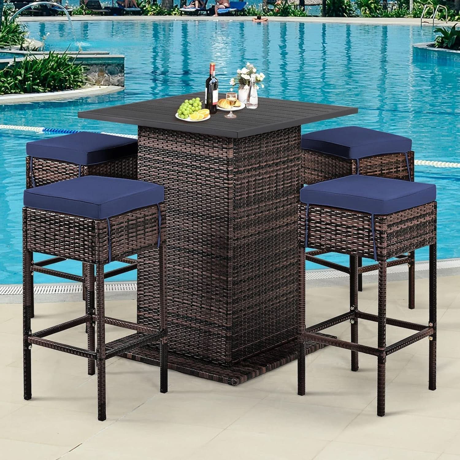 5 Piece Outdoor Bar Set Navy Blue Bar Height Table Storage-1