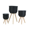 Set of 3 Black Woven Rattan Basket Planters on Wood Legs