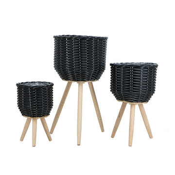 Set of 3 Black Woven Rattan Basket Planters on Wood Legs