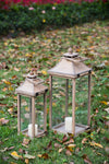Set of 2 Ivory Wood & Glass Candle Lanterns