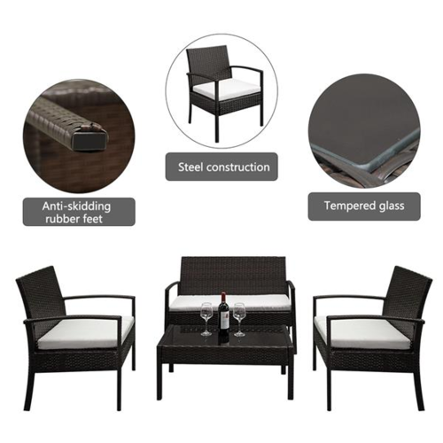 4-Piece PE Rattan Patio Sofa Set with Glass-Top Table