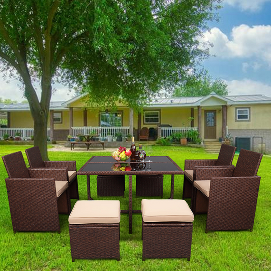 9-Piece Wood Grain PE Wicker Outdoor Dining Set