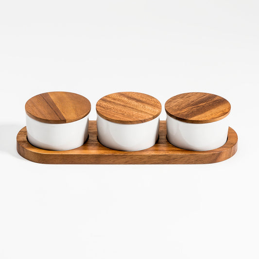 Ceramic Condiment Set with Acacia Wood Base