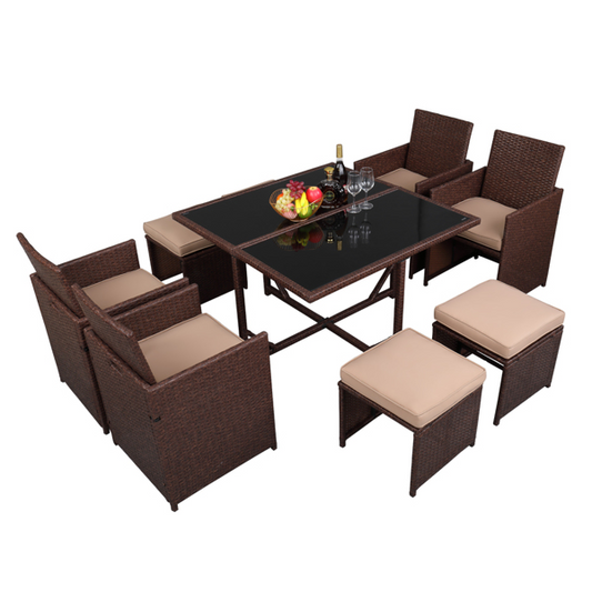 9-Piece Wood Grain PE Wicker Outdoor Dining Set
