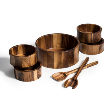 7-Piece Acacia Wood Salad Bowl Set with Servers
