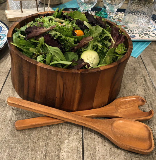 Acacia Wood Salad Bowl with Servers, 12 x 5 Inch