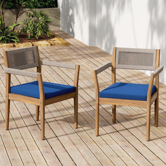 Braided Acacia Wood Outdoor Dining Chairs Set Of 2 -Teak Look With Beige Rope & Navy Cushions, All-Weather Patio Furniture For Garden, Poolside, And Backyard  Durable & Stylish