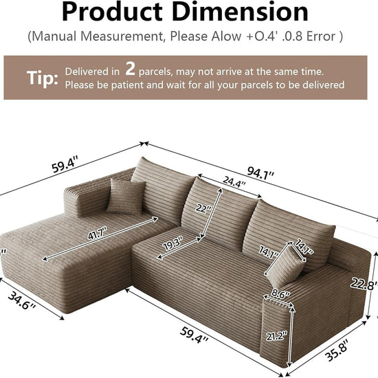 Brown corduroy 95-inch cloud modular sleeper sectional, detail view 2