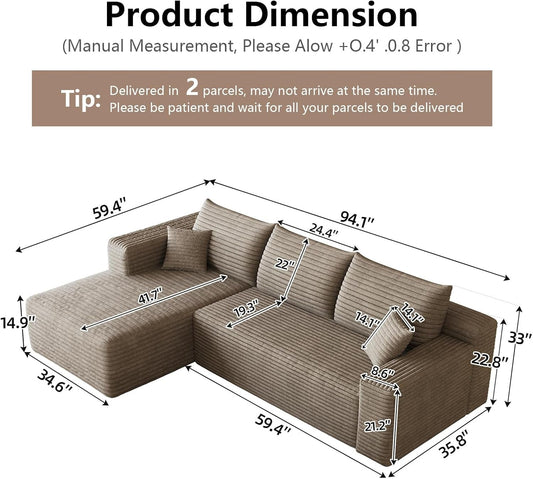 Brown corduroy 95-inch cloud modular sleeper sectional, detail view 2
